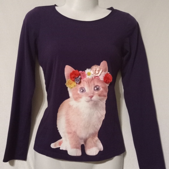 Cute Ginger cat long sleeve purple shirt - Picture 1 of 4